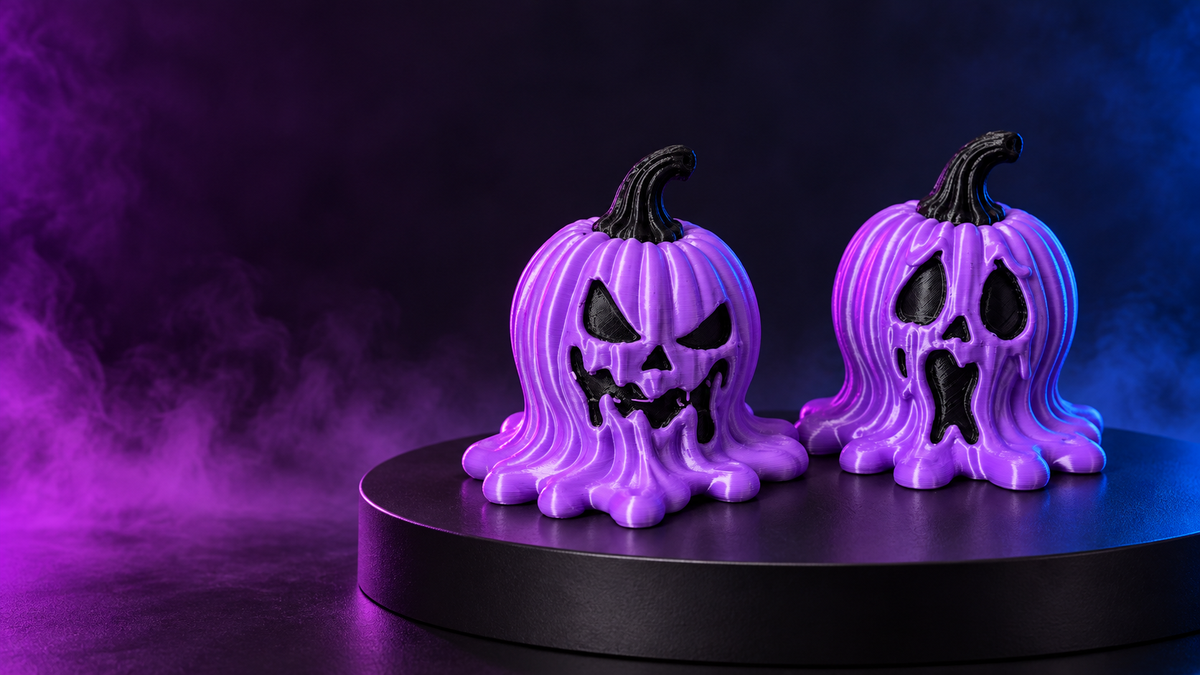 Two purple melting jack-o-lantern pumpkin decorations with different spooky faces on a dark display stand