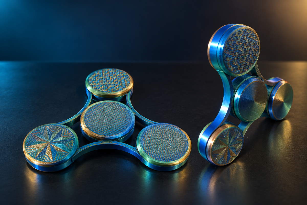 Blue-and-gold three-arm Fidget Spinner with textured circular touch points