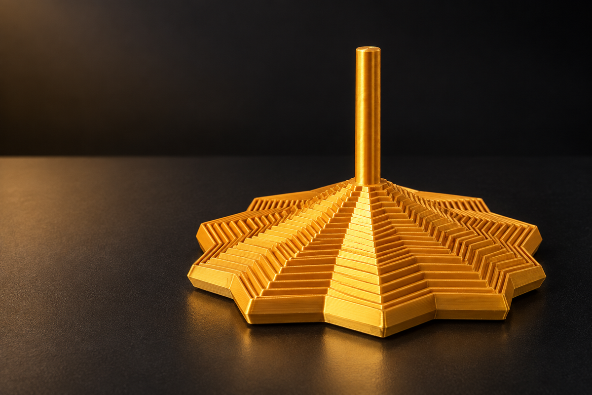 Metallic gold Spinning Fidget with a layered star-inspired design and tall center handle