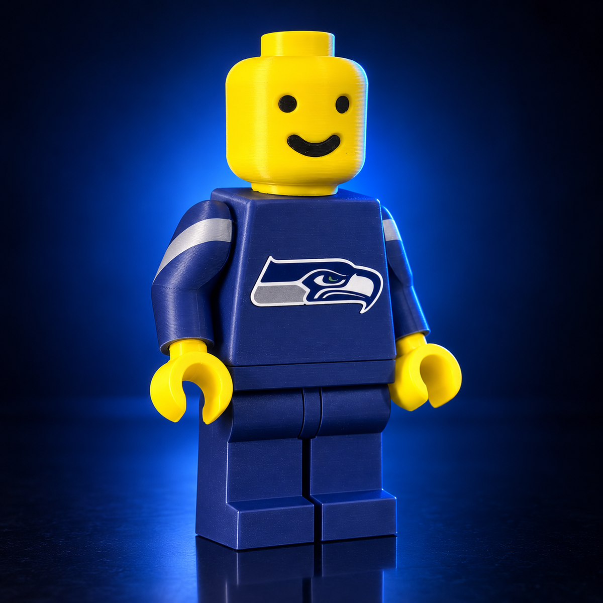 Blue and yellow block-style football figure with bird emblem