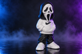 Ghostface-inspired streetwear statue in a white hoodie, black shorts, and white sneakers against blue and purple lighting