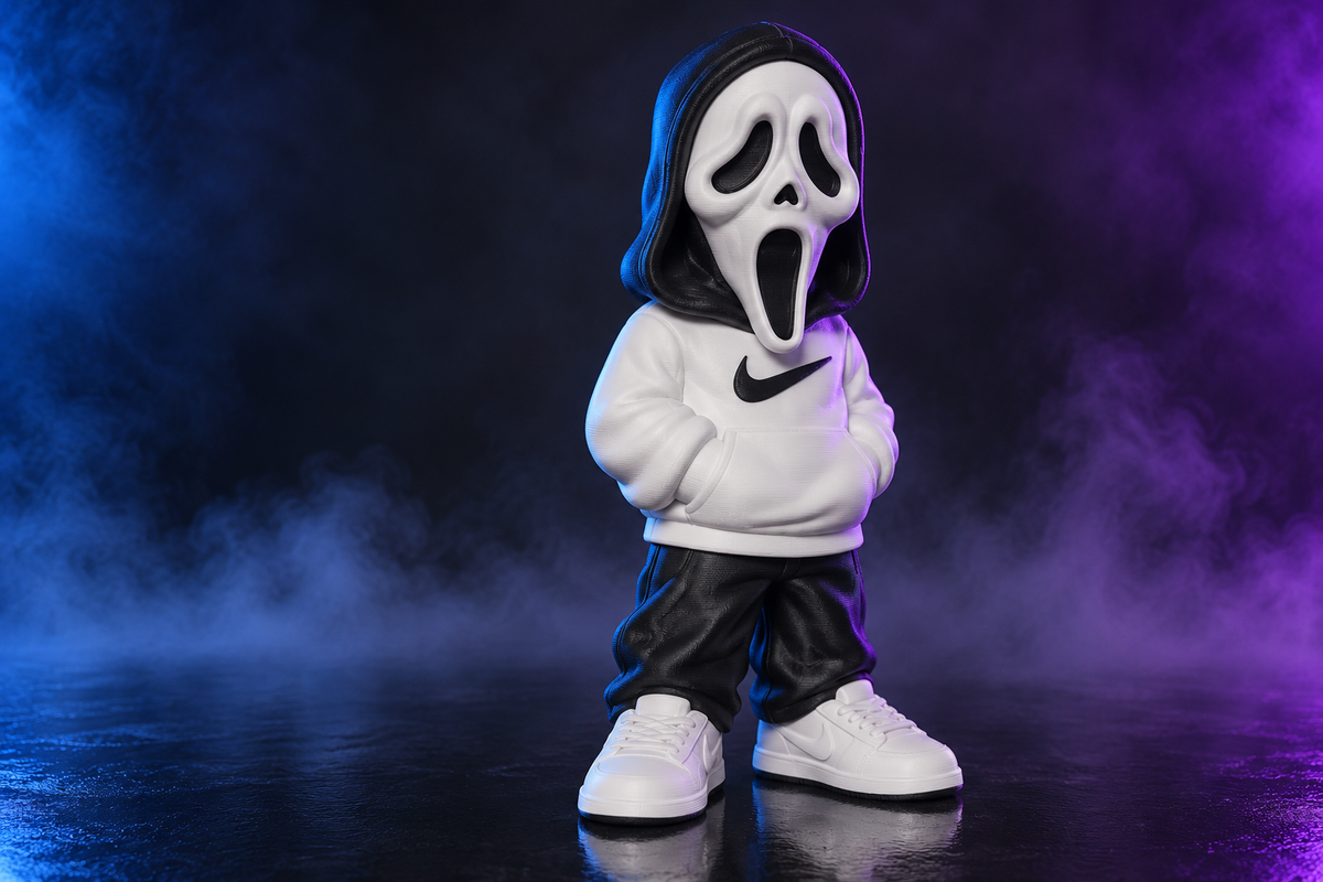 Ghostface-inspired streetwear statue in a white hoodie, black shorts, and white sneakers against blue and purple lighting